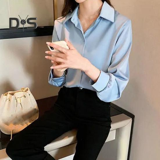 Women Shirt Pure Color Single Breasted Turn Down Collar Plus Size Long Sleeve Cardigan Soft Casual OL Commute Bottom Blouse Lady Top