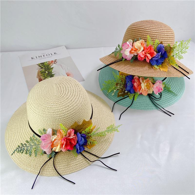 Pastoral flowers straw hat women summer sunscreen sunshade bucket hat travel seaside beach basin hat foldable