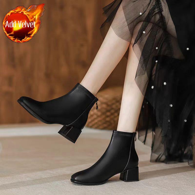 Elegant with Medium Heels Fleece-Lined Leather Booties Autumn Winter Square Toe Women's Ankle Boots New In Female Short Shoes
