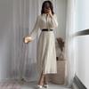 LYRIA Women's Colourful Lapel Pleated Dress Corseted Long Sleeve Single Breasted (With Belt) Long Dress Elegant Women's Clothing