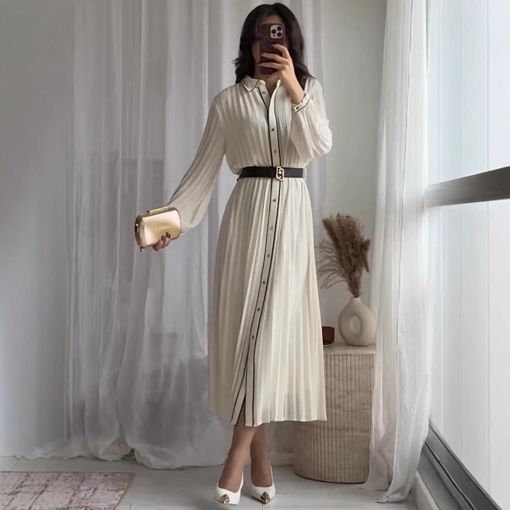 Women's Colourful Lapel Pleated Dress Corseted Long Sleeve Single Breasted (With Belt) Long Dress Elegant Women's Clothing