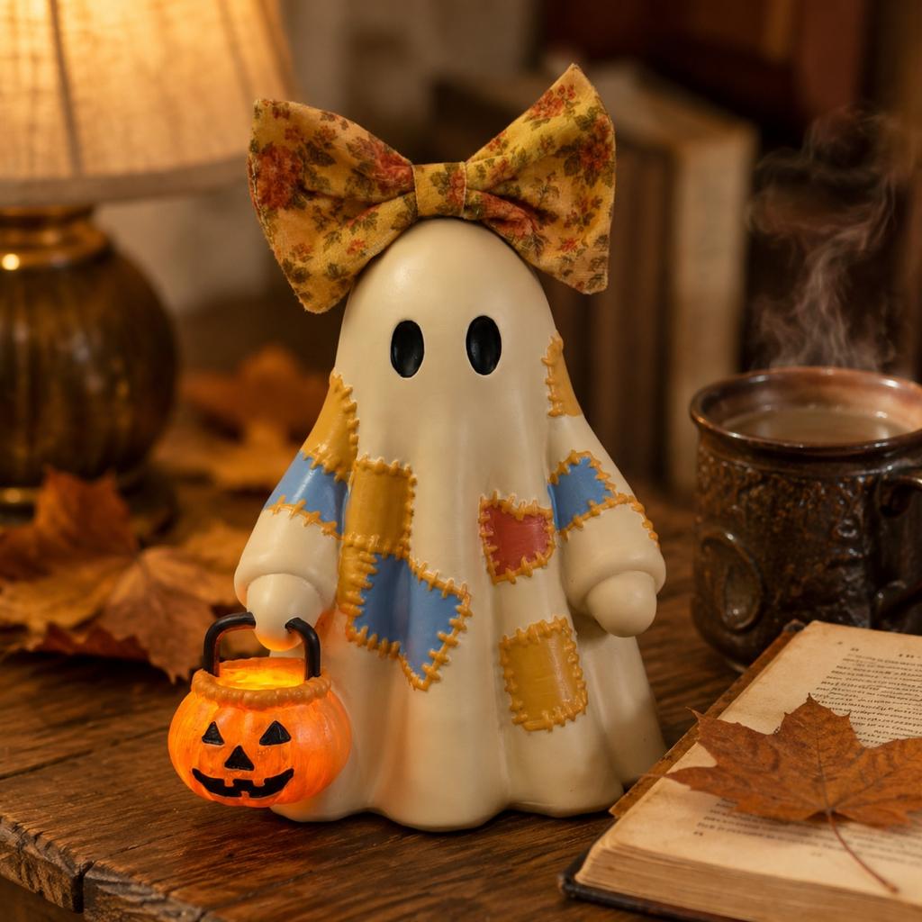Resin Figure Halloween Decor - Tie Holding Pumpkin Statue for Desktop Shelf Decoration