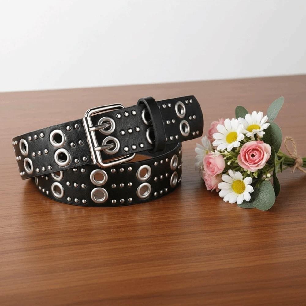 Double Row Needle Buckle Hollow Rivet Belt Adjustable Black Leather Waistbands  Women