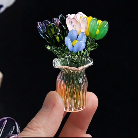 Mini Glass Flower Ornament Handmade Colored Glass Flower Miniature Collectible Tiny Flower Decoration for Table Centerpiece Bookshelves Micro