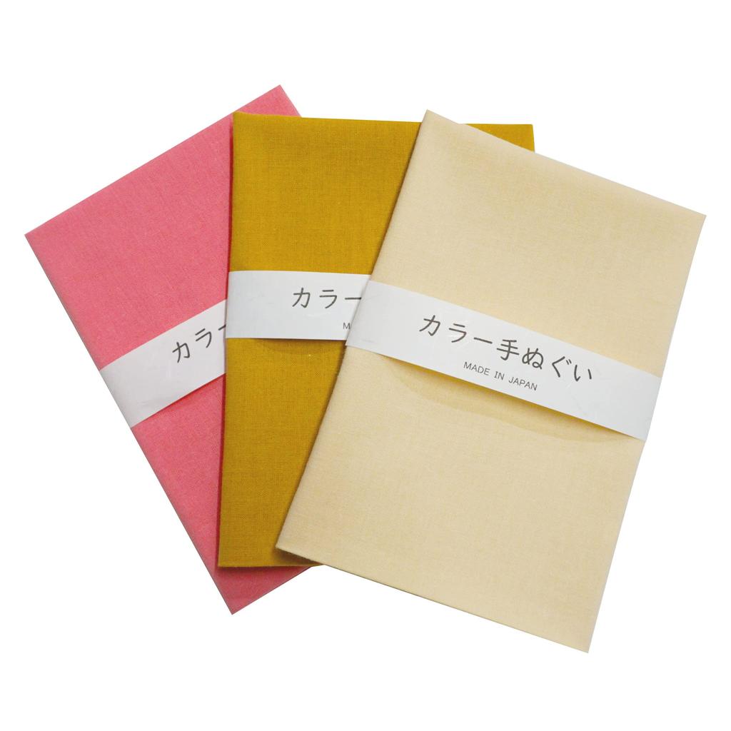 WKG Senshu Oka Fabric Colored Tenugui Set of Made in Solid Colors (Tenugui) 3, Japan, (Pink, Mustard, Beige)