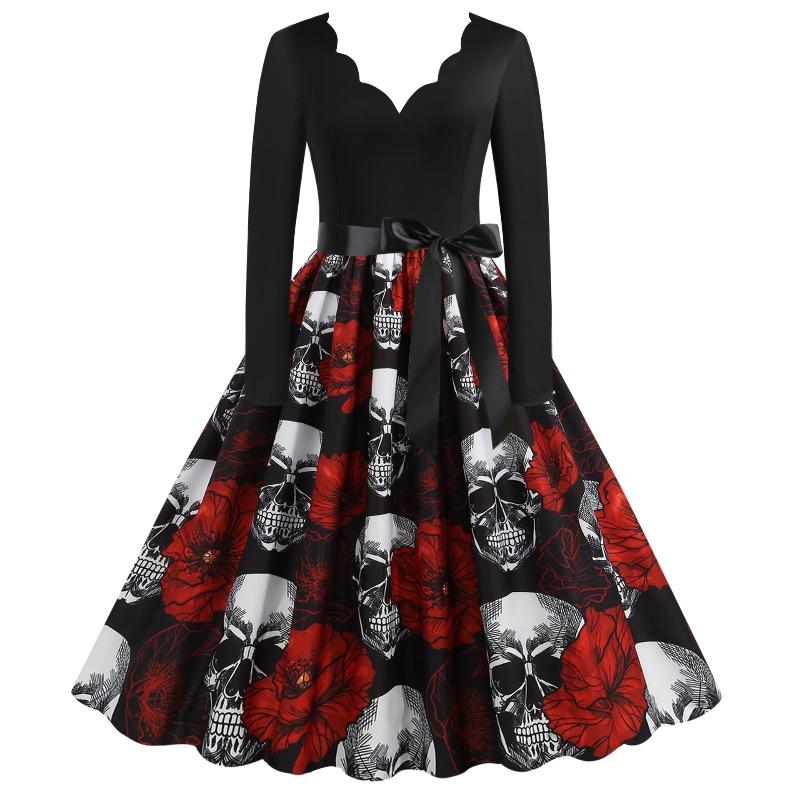 QICED Fashion Spring Autumn Long Sleeve V-Neck Casual Dresses