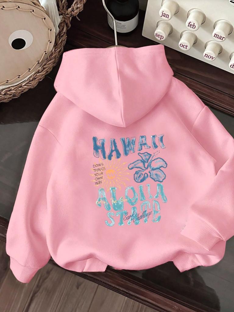 2025 Herbst Winter Hawaiianischer Blumendruck Kreativer Schriftzug Damen Langarm Rundhals Bequemes Sweatshirt Freizeitkleidung