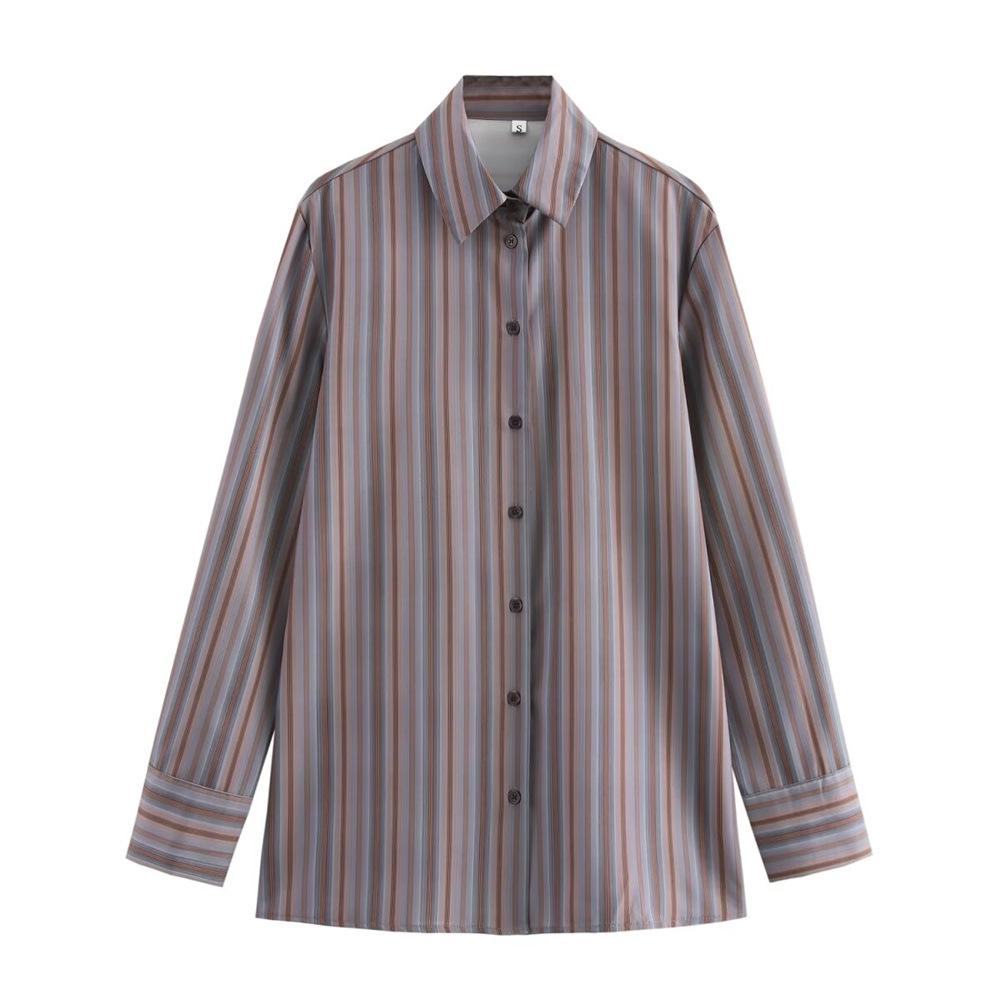

2024 Autumn/Winter Women s Striped Long-Sleeve Shirt with Turn-Down Collar Extra Small
