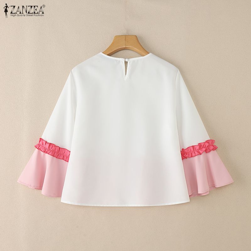 ZANZEA Damen Rundhals Patchwork 3/4 Ärmel Freizeitbluse
