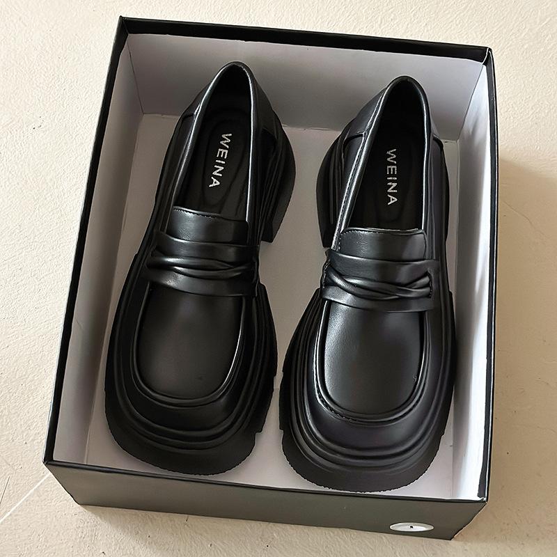 

Platform thick heel British style small leather shoes women s 2025 new autumn one-pedal women s shoes single shoes black loafers 35 матовий чорний колір