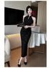 Elegant Off-Shoulder Qipao Evening Gown with Pearl Chain Accents