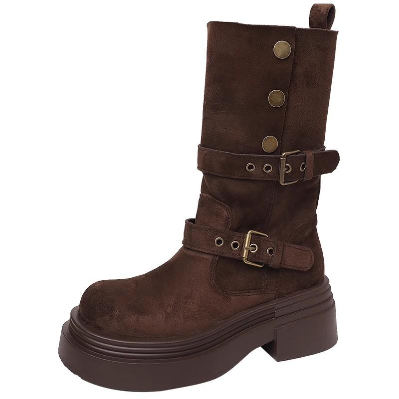 Retro two-wear locomotive boots for women's autumn and winter new belt buckle heightened small thick heel thick-soled Martin short boots