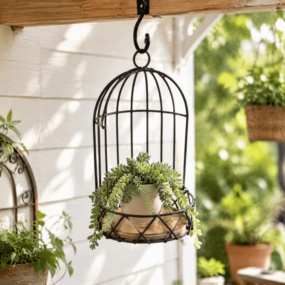 Vintage Birdcage Planter Stand Iron Frame,Wooden Board Bird Cage Table Decor  Vase Bouquet Display