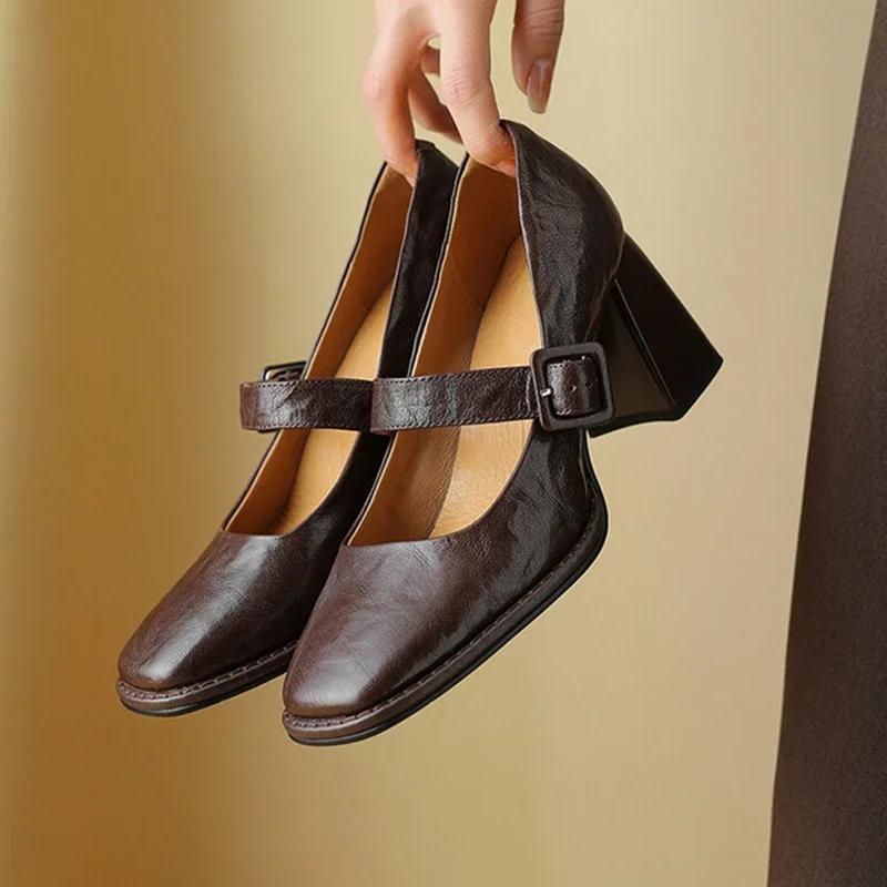 Mode NEU Frühling/Herbst Damen Pumps Echtes Leder Schuhe für Damen Eckige Zehenpartie Klobiger Absatz Damen Pumps Schnürschuhe Hoher Absatz Mary Janes