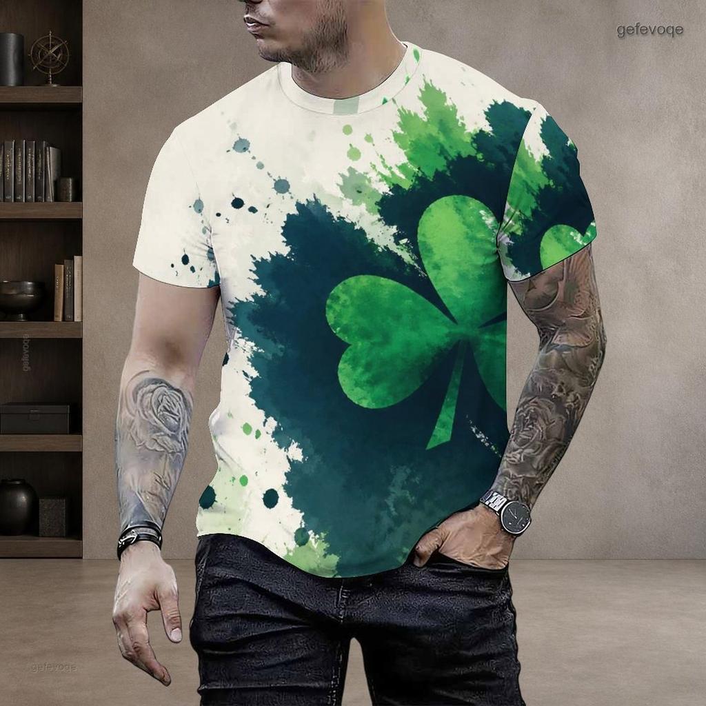 Men Plus Size Round Neck Short Sleeve Clover Printed T Shirt White Green Casual