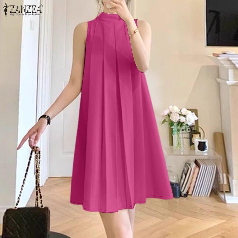 ZANZEA Women Casual Stand Collar Summer Off Shoulder Sleeveless Dress