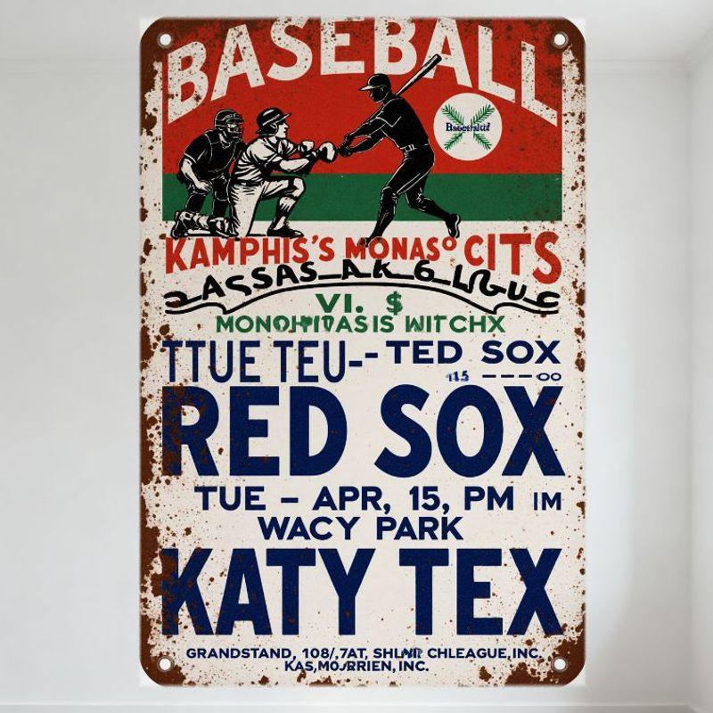 

Vintage Baseball Game Metal Tin Sign, Weathered Red Sox Retro Wall Plaque for Man Cave, Bar, Cafe Decor with Player Illustration 20x30cm（7.8x11.8inch）
