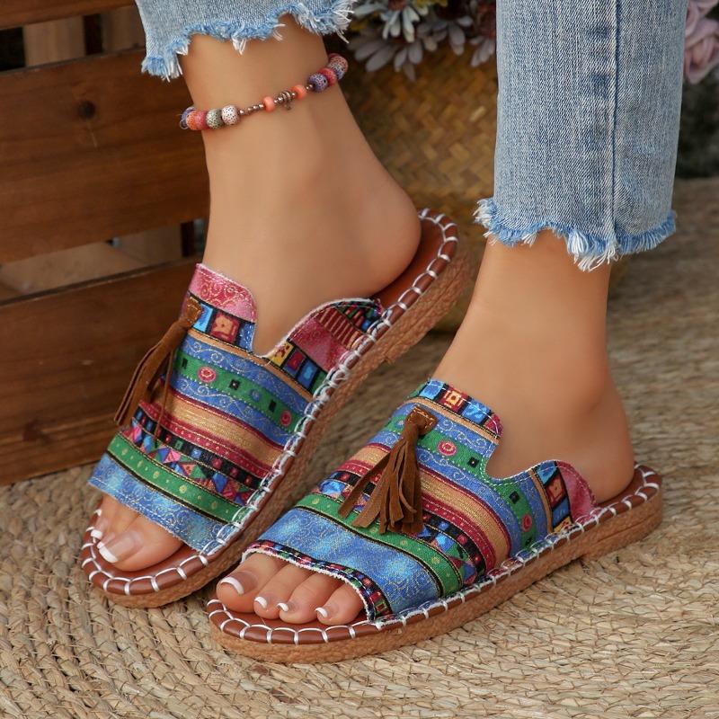 Women's Wide Width Bohemian Slides, Fringe Detail Flat Sandals, Outdoor Beach Slippers for Women