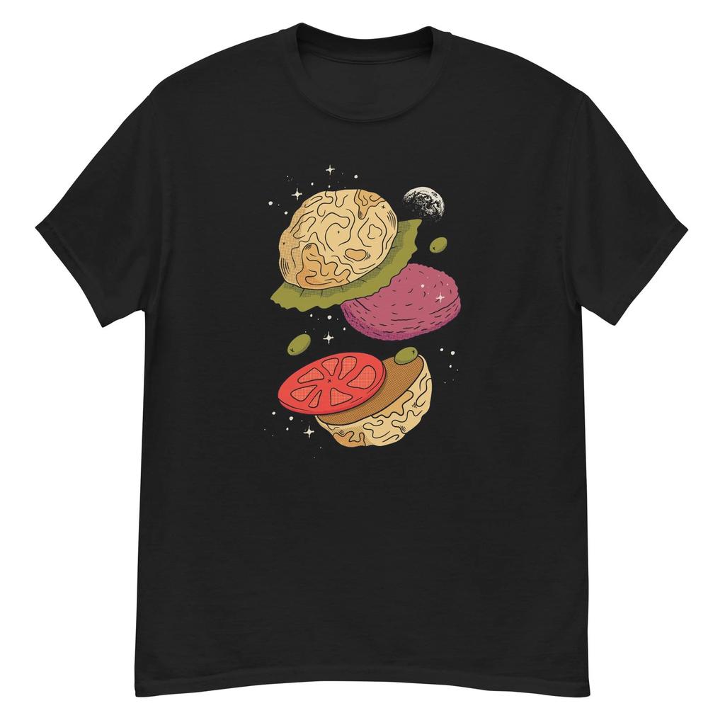 Space Burger T-T-Shirt, Galaxy Moon Hamburger Graphic Tee, Surreal Food Art T-Shirt