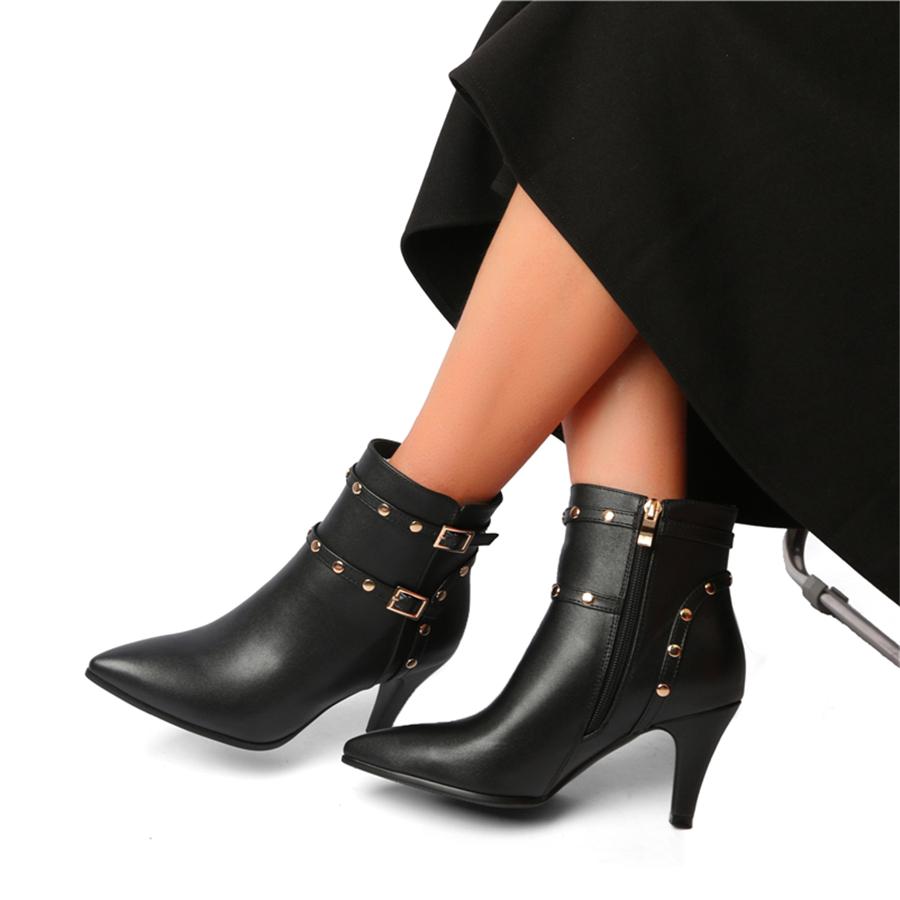 FOREADA Damskie Botki do Kostki Szpiczasty Nosek Niskie Obcasy Klamra Zamek Nity Krótkie Buty Damskie Modne Buty Zimowe Czerwone 46