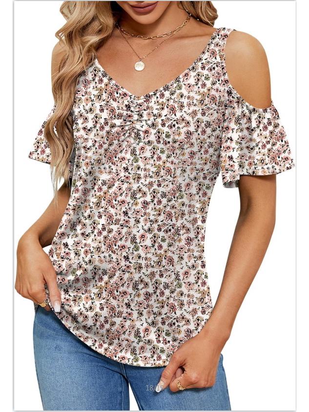 2025 Summer Off-the-Shoulder V-Neck Print Top for Women