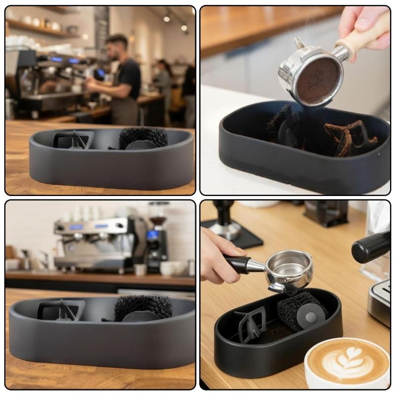 Professional Espresso Machine Cleaning Tool Set Includes Stable Portafilter Stand Deep Scrub Brush Grounds Catcher