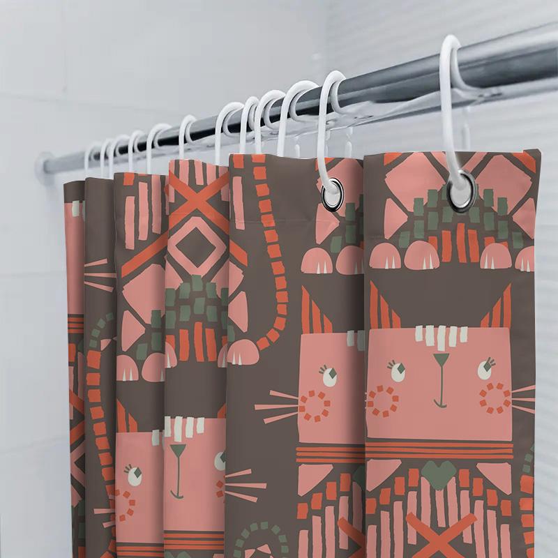 Vintage Geometric Cat Shower Curtain Pink Brown Modern Boho Decor Bathroom Fabric Hanging Waterproof Wall Covering With Hook Unp