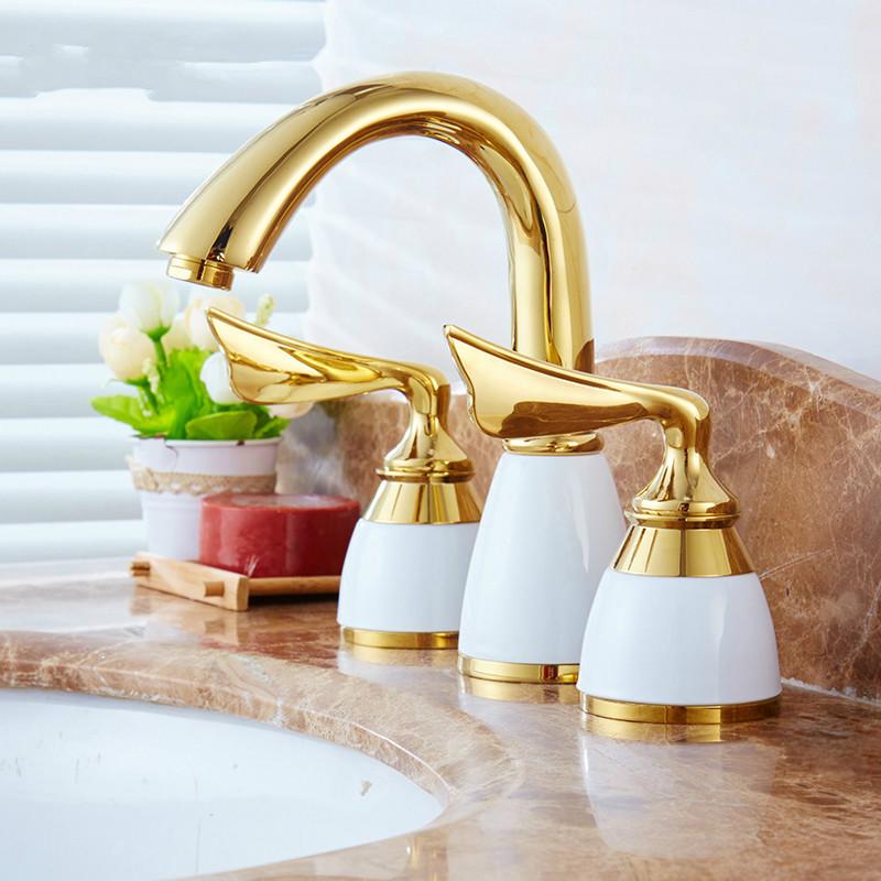 3 Pieces Set Bathtub Faucet Deck Mounted Gold Luxury Bathroom Tub Mixer 3 Holes Widespread Bath Faucet Set Sink Tap