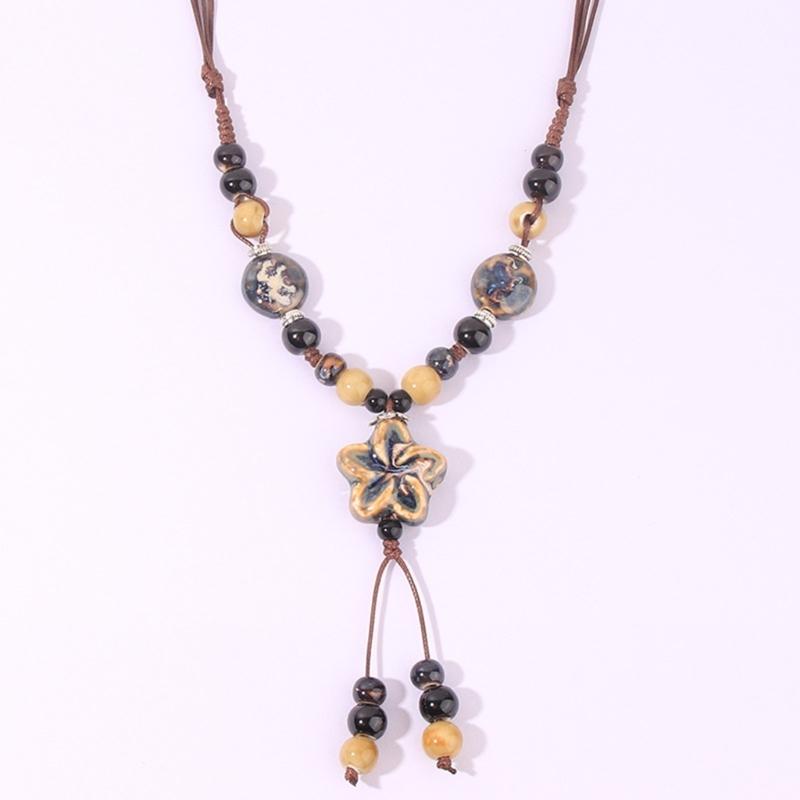 Bohemian Flower Colorful Ceramic Bead Necklace Tricolor-Beaded Jewelry Flower Tassel Choker Chain Jewelry Gift for Women