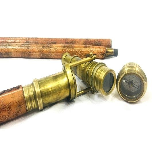 Set 2 Bastoni Da Passeggio In Legno Di Rosa Indiano Con Bussola E Telescopio Pieghevole, Ottone Anticato, 90-100 Cm