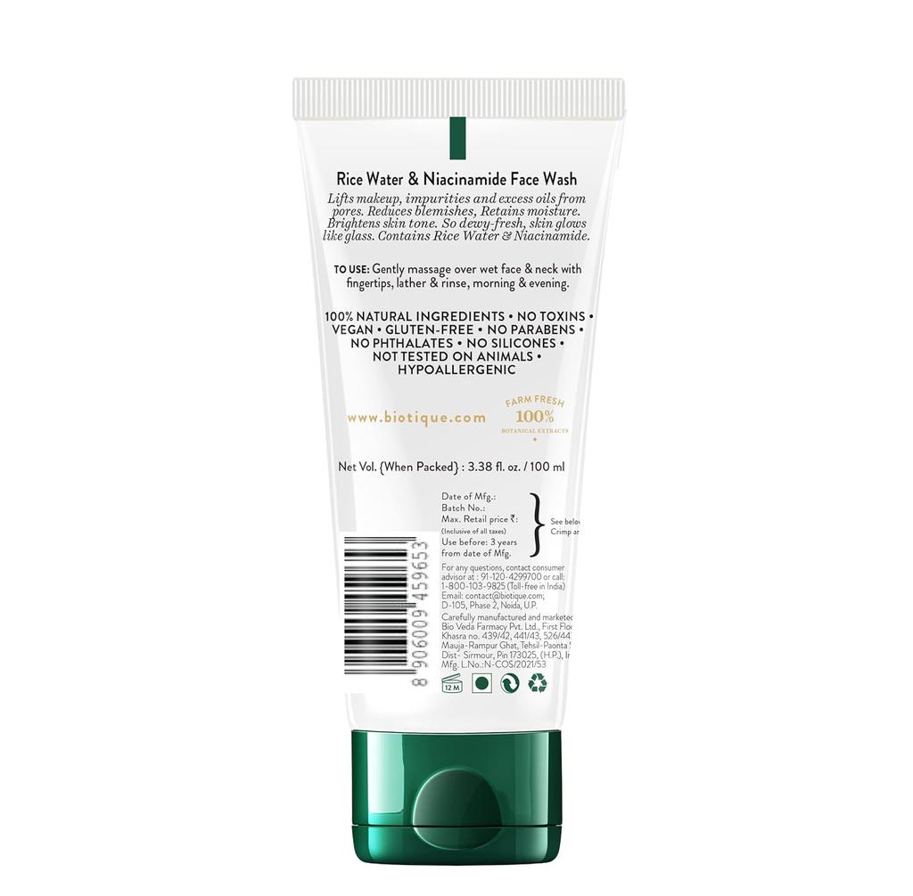 Biotique Rice Water Niacinamide Gel Face Wash 100ml For Glass Skin Brightening Oil Control Men Women