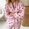 Spring Autumn Home Sleepwear Set - Silk Breathable Striped Heart Pattern Home Clothing