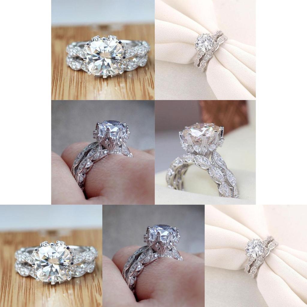 Elegant Antique Style Round White Sapphire Silver Plated Engagement Crown Ring Set