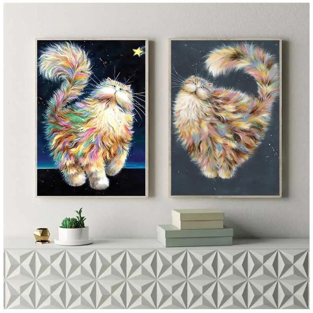 Abstract Longhair Cat Oil Painting On Canvas Cute Kitty Posters and Prints Animal Wall Art Pictures for Living Room Home Decor