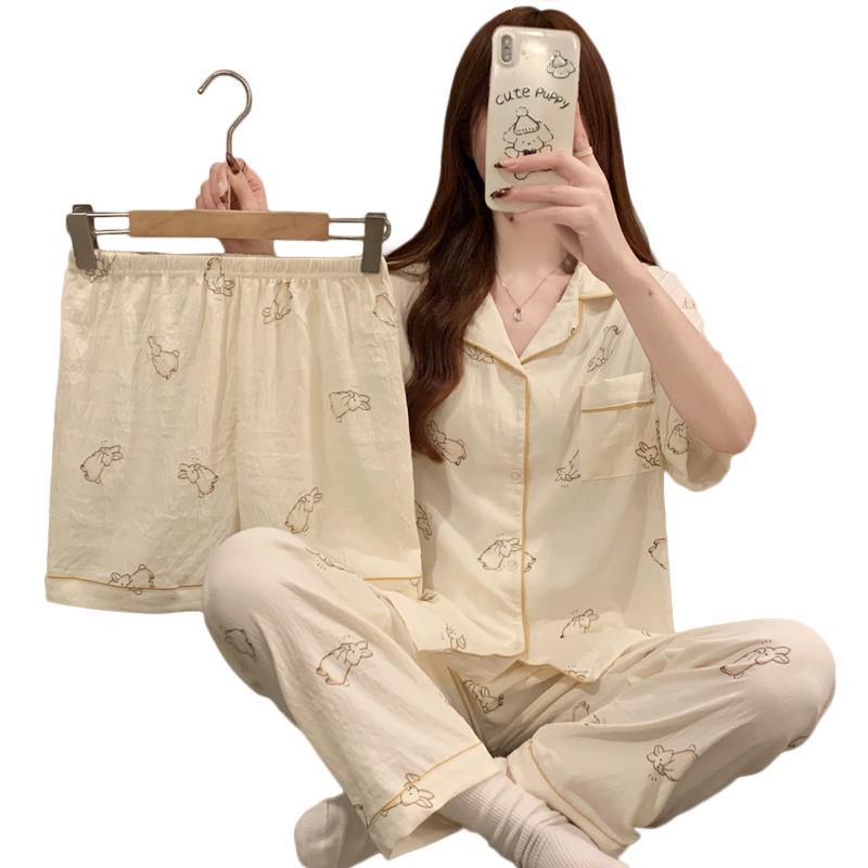 Korean Minimalist Rabbit Print Cloud Cotton Pajama Set: Ladies' Wearable Three-Piece Homewear