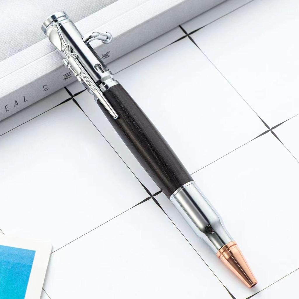 Brass Sandalwood Gun Handle Ballpoint Pen, Engravable Submachine Gun Design