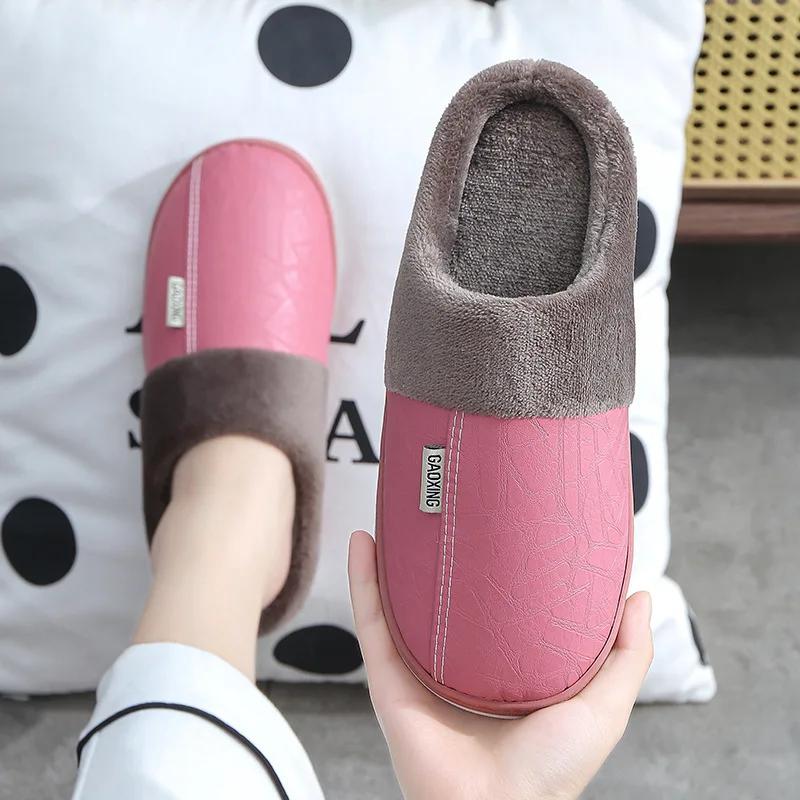 Men's Slippers for Home Use, Winter Indoor Warm Shoes, Thick Soled Plush Waterproof Leather for Home Use, Couple's Cotton Shoes