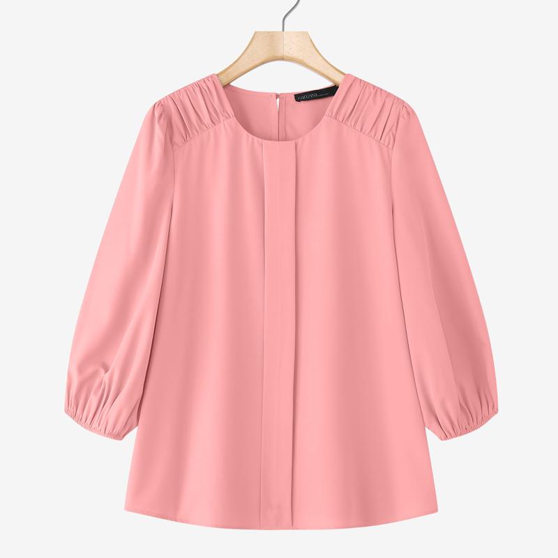 

ZANZEA Женская повседневная однотонная блузка с круглым вырезом и длинным рукавом S