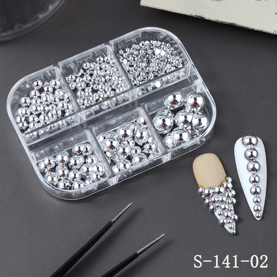 Xiaomi 6 Grids Mixed Size Golden Silvery Semicircle Pearls Nail Art Charms Punk Gothic Design Japanese Nail Art Decoration Nail Supplie
