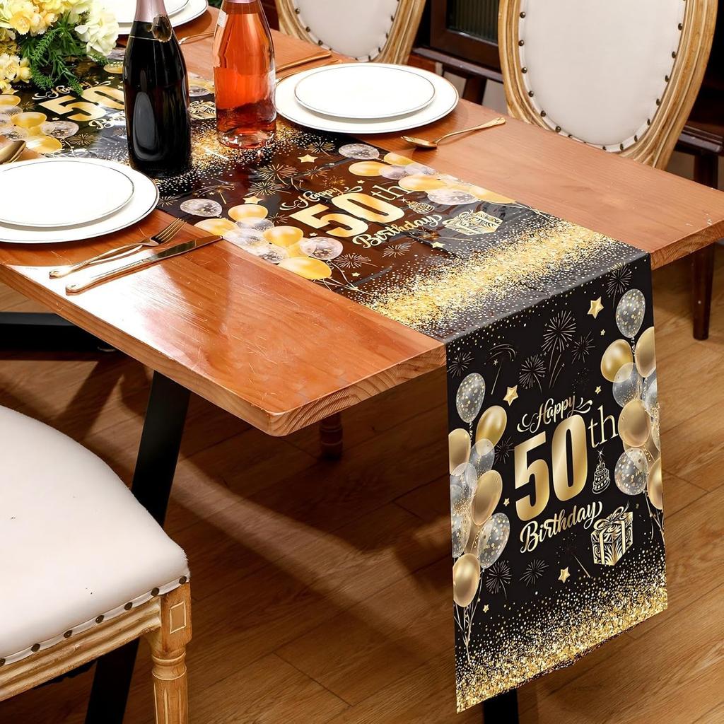 6 Pcs 50th Birthday Table Runners Plastic Black and Gold Tablecloths Happy 50th Birthday Table Runners 14x108 Inch for Men Women Anniversary