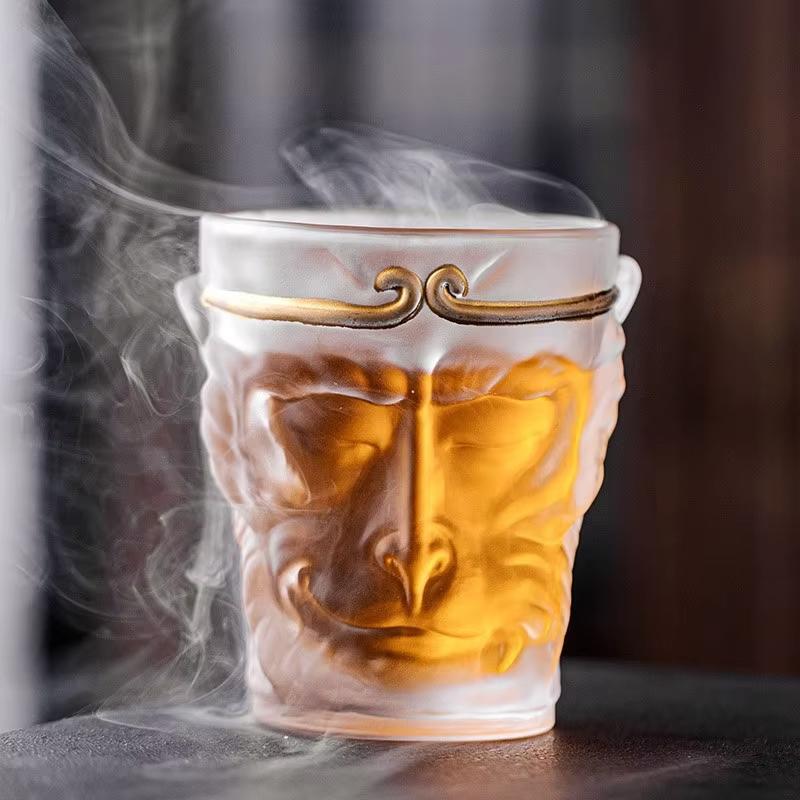Sun Wukong Shaped Lead-Free Crystal Glass Whiskey Cup Chinese Style Transparent Frosted Drinkware Glass Mug Teacup Gift