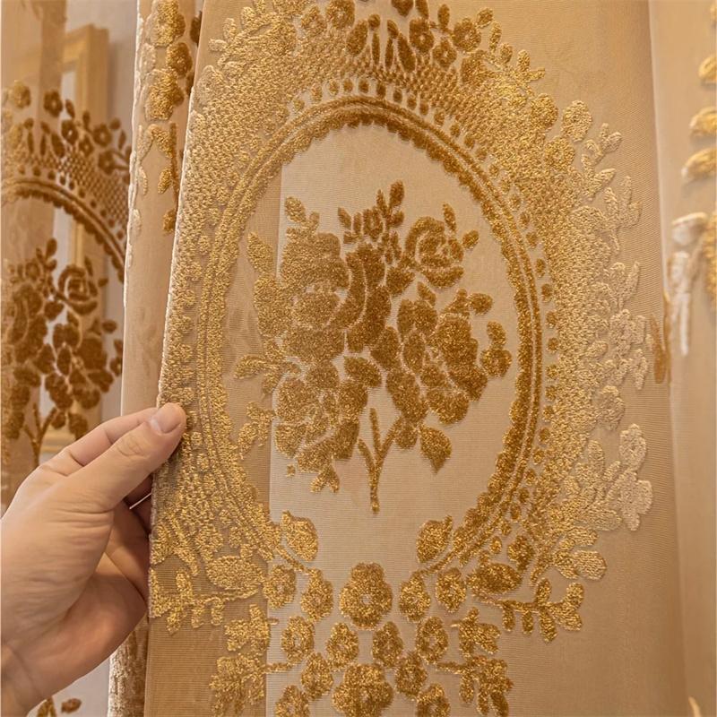 1PC Velvet Cut Embroidered Court Sheer Curtain Vintage Pattern Living Room Bedroom Gold Romantic Lace Sheer Curtain, Flower Lace Window Curtains