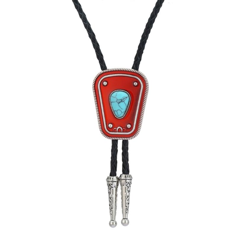 Men Women Bolo Tie Necktie Artificial Leather Braided Rope Necklace with Enamel Stone Pendant Jewelry Cowboy Neckwear