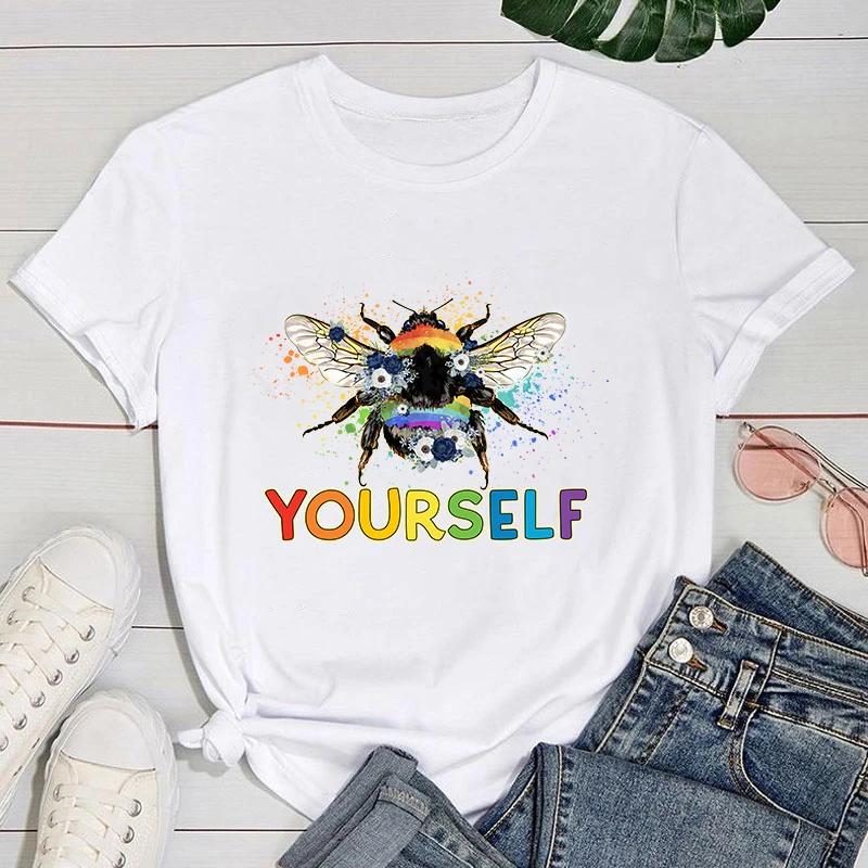 (Premium T-shirt)Lgbt Bee Yourself Letter Printed T-Shirts Fashion Harajuku Women Summer Tee Shirt Female Casual Short Sleeve
