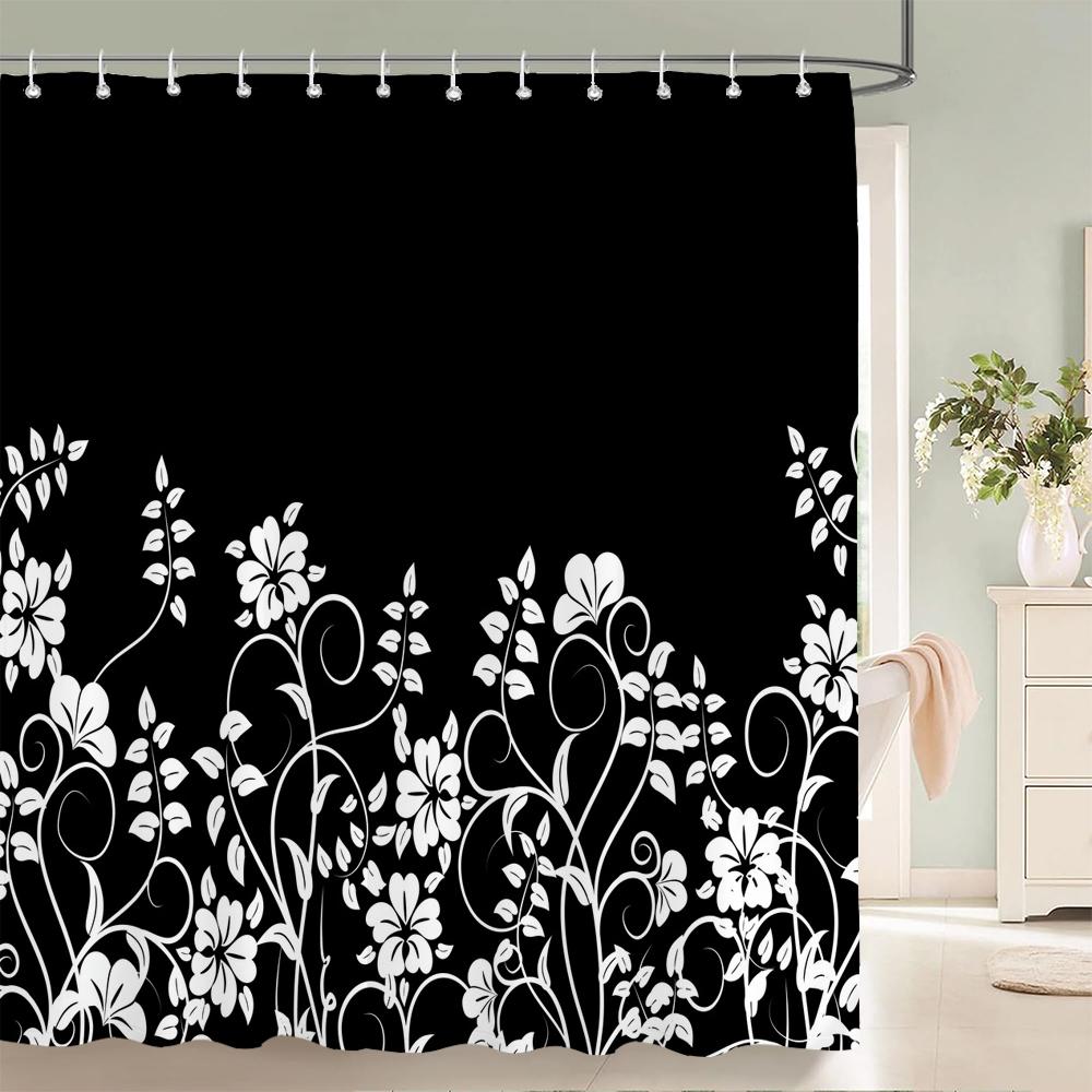 Shower Curtain Black and White Floral Pattern 3D Printing Shower Curtain Polyester Waterproof Home Decor Curtain 180x180CM