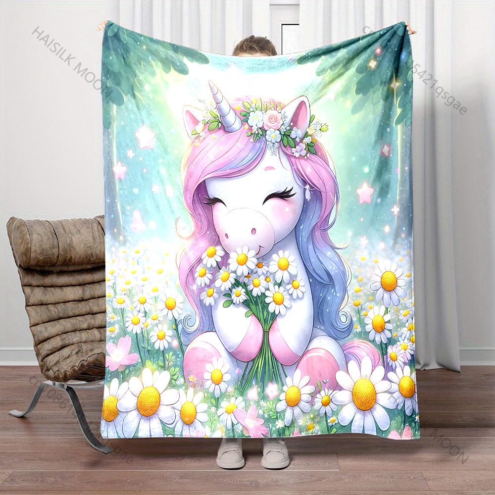 Cartoon Unicorns and Daisies Print Blanket Warm Soft Luxury Gifts for Children Adults Suitable for Home Sofa Bed Travel RV