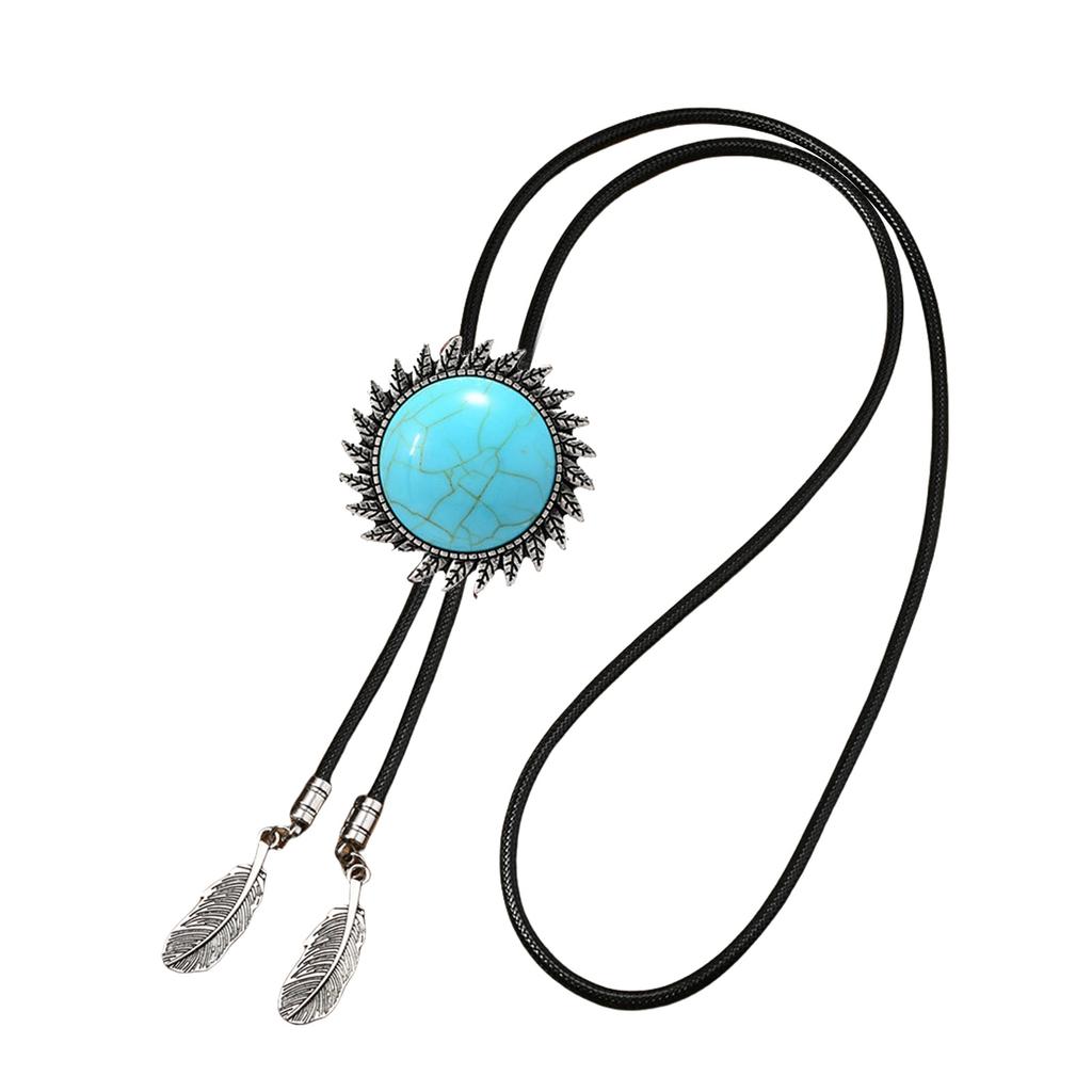 Men's Rodeos Western Leather Cord Bolo Tie Antique Floral Stone Jewelry Cowboy Necktie Necklace with Feathered Pendant