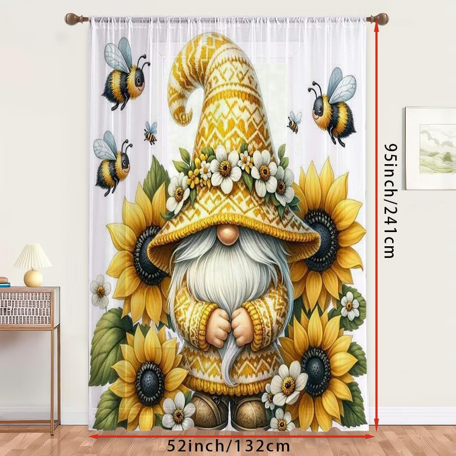 1PC Sheer Curtain Sunflower Gnome Bee Yellow Print, Rod Pocket Window Curtain for Living Room Summer Garden Decor