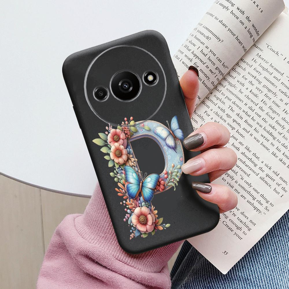 Handyhülle für Xiaomi Redmi A3 4G A3x Rosa Buchstabe Blume Schmetterling Stoßfest Weiches Silikon Cover Kameraschutz TPU Fundas