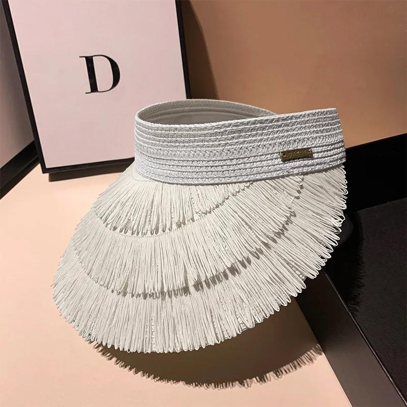 Designer Fashion Brand Sun Fringe Straw Hat Women'S Summer Empty Top Sun Hat Outdoor Parma Uv Protection Beach Sun Hat